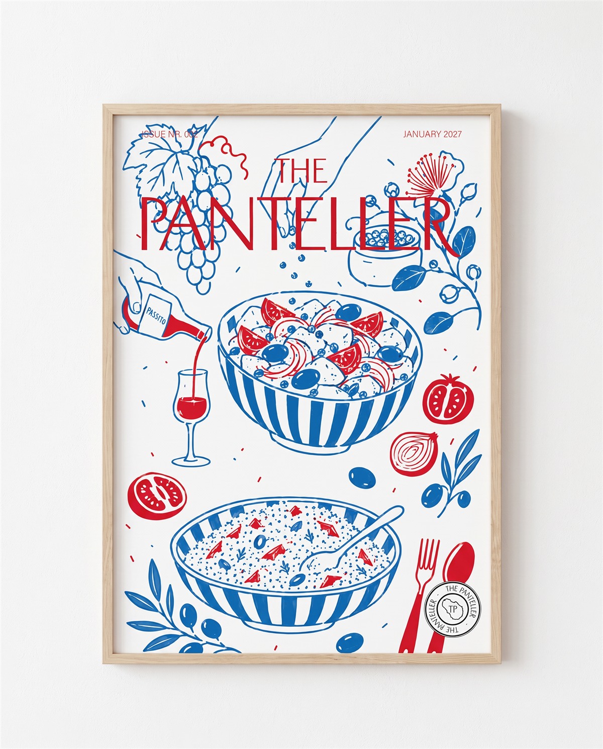 Copertina The Panteller incorniciata con piatti, vino e ingredienti illustrati in blu e rosso.