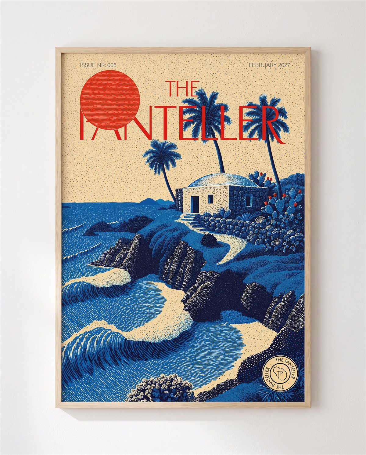 Copertina The Panteller incorniciata: dammuso e palme sulla costa, con sole rosso e mare blu.
