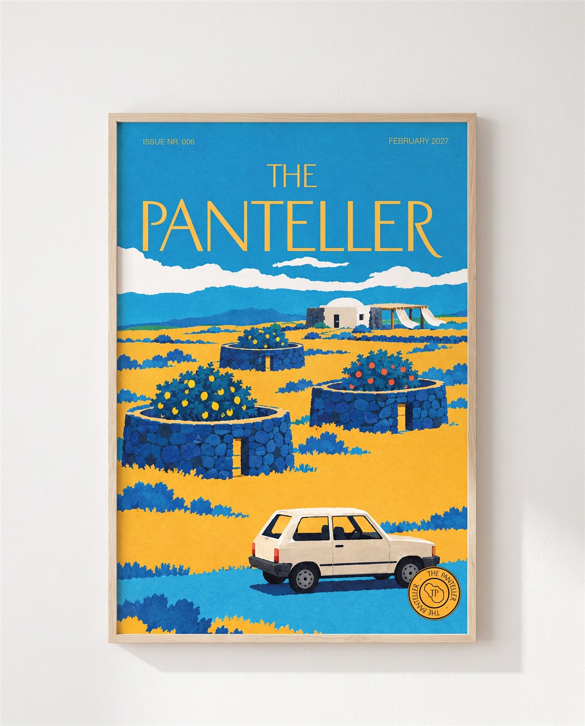 Copertina The Panteller incorniciata con un'auto bianca, giardini in pietra e paesaggio giallo e turchese.
